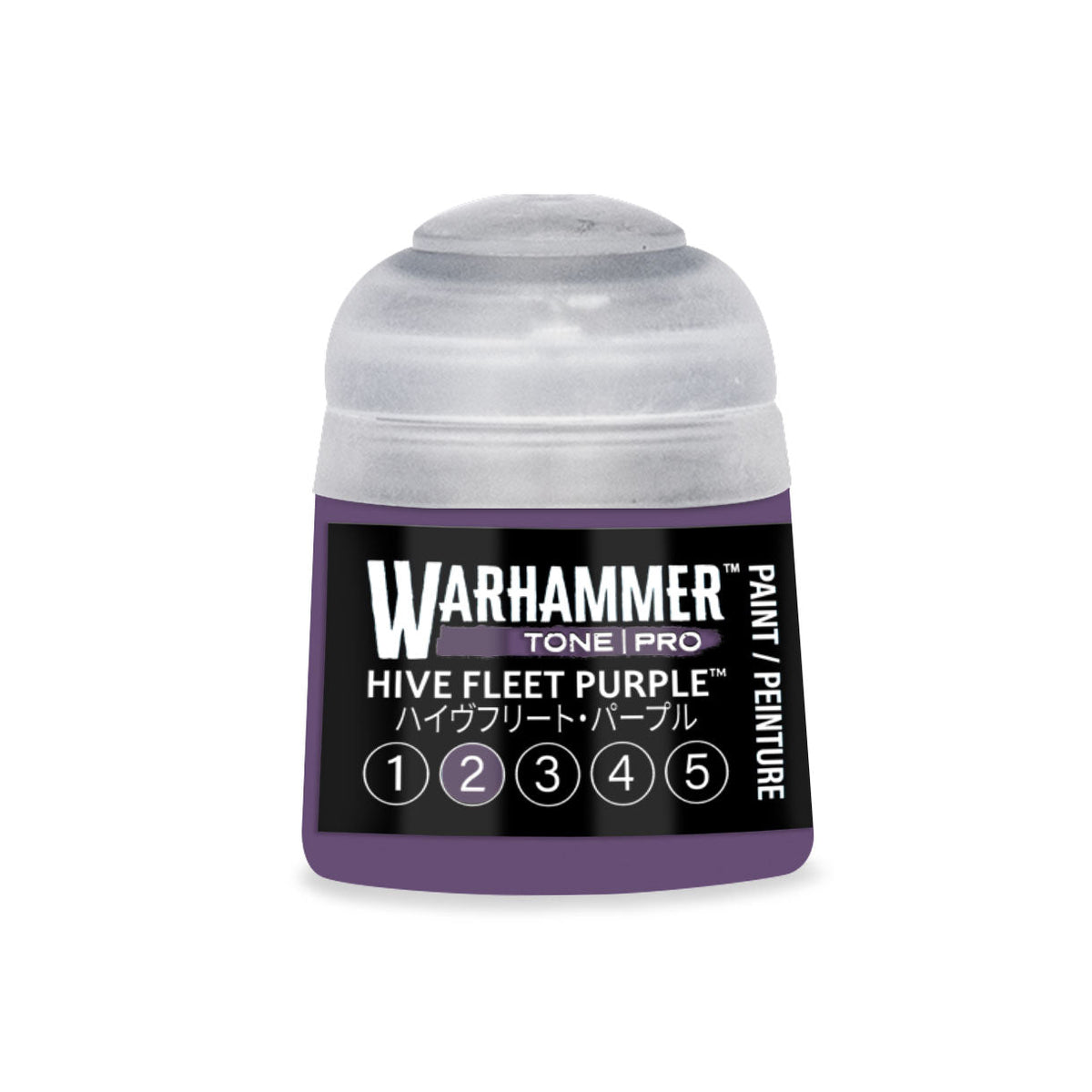 A small cylindrical bottle of warhammer tone pro paint in hive fleet purple for miniature painting 12ml