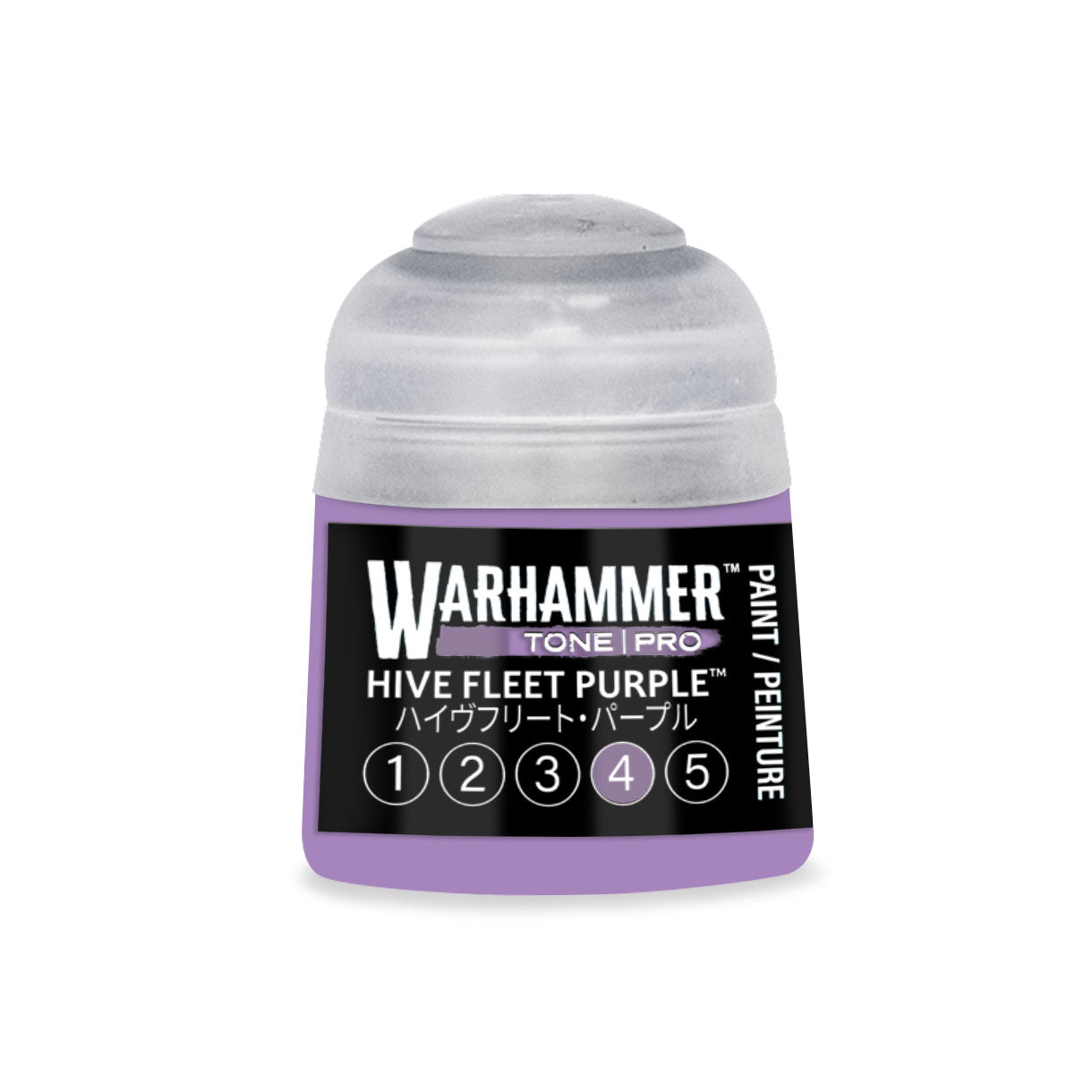 A small translucent plastic bottle of Warhammer Tone Pro paint in hive fleet purple color 12ml capacity