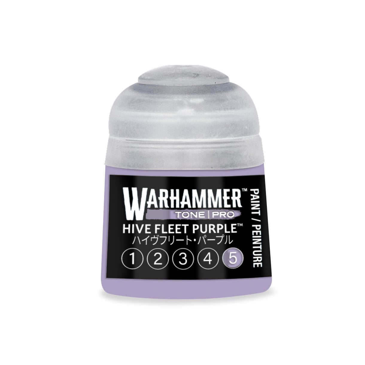 A small translucent purple 12ml plastic paint bottle with clear cap and black label for warhammer tone pro hive fleet purple