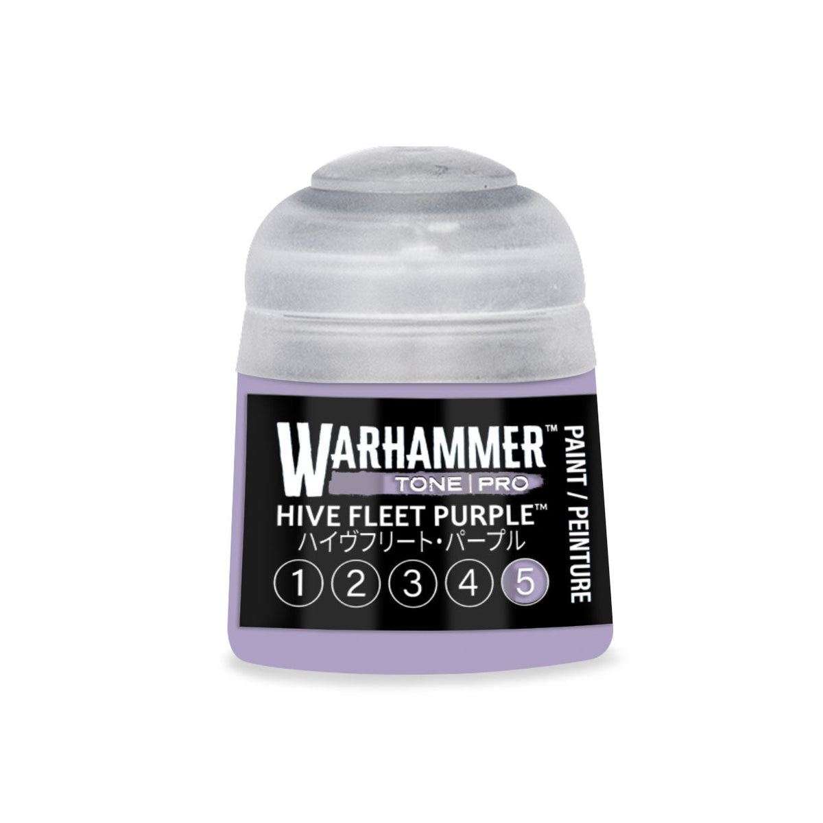 A small translucent purple 12ml plastic paint bottle with clear cap and black label for warhammer tone pro hive fleet purple