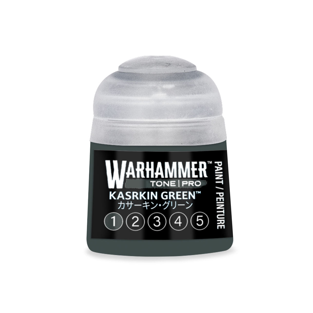 A small cylindrical bottle of Warhammer Tone Pro paint in Kasrkin Green with a clear cap and black label with white text