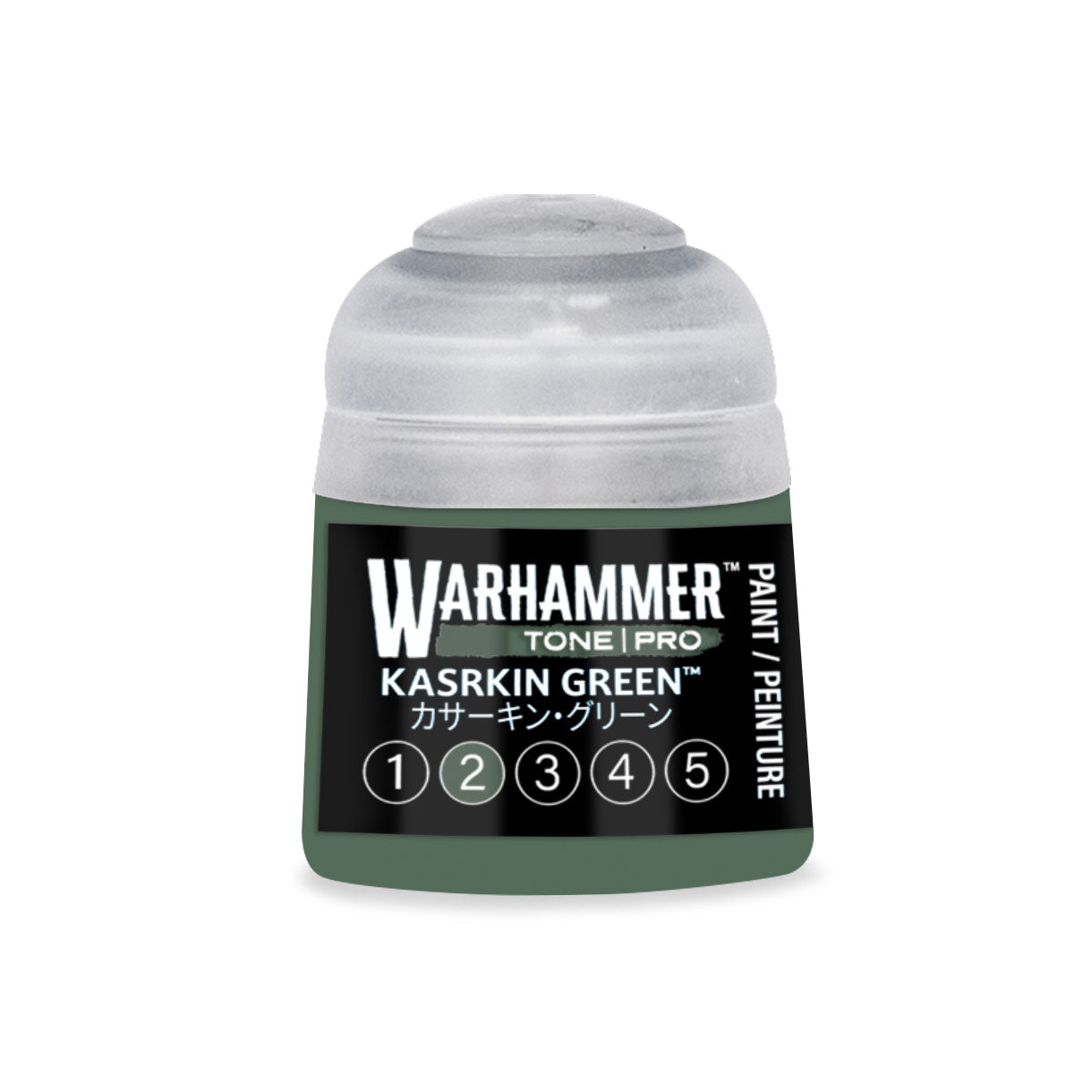 A small cylindrical bottle of Warhammer Tone Pro paint in Kasrkin green for miniature painting
