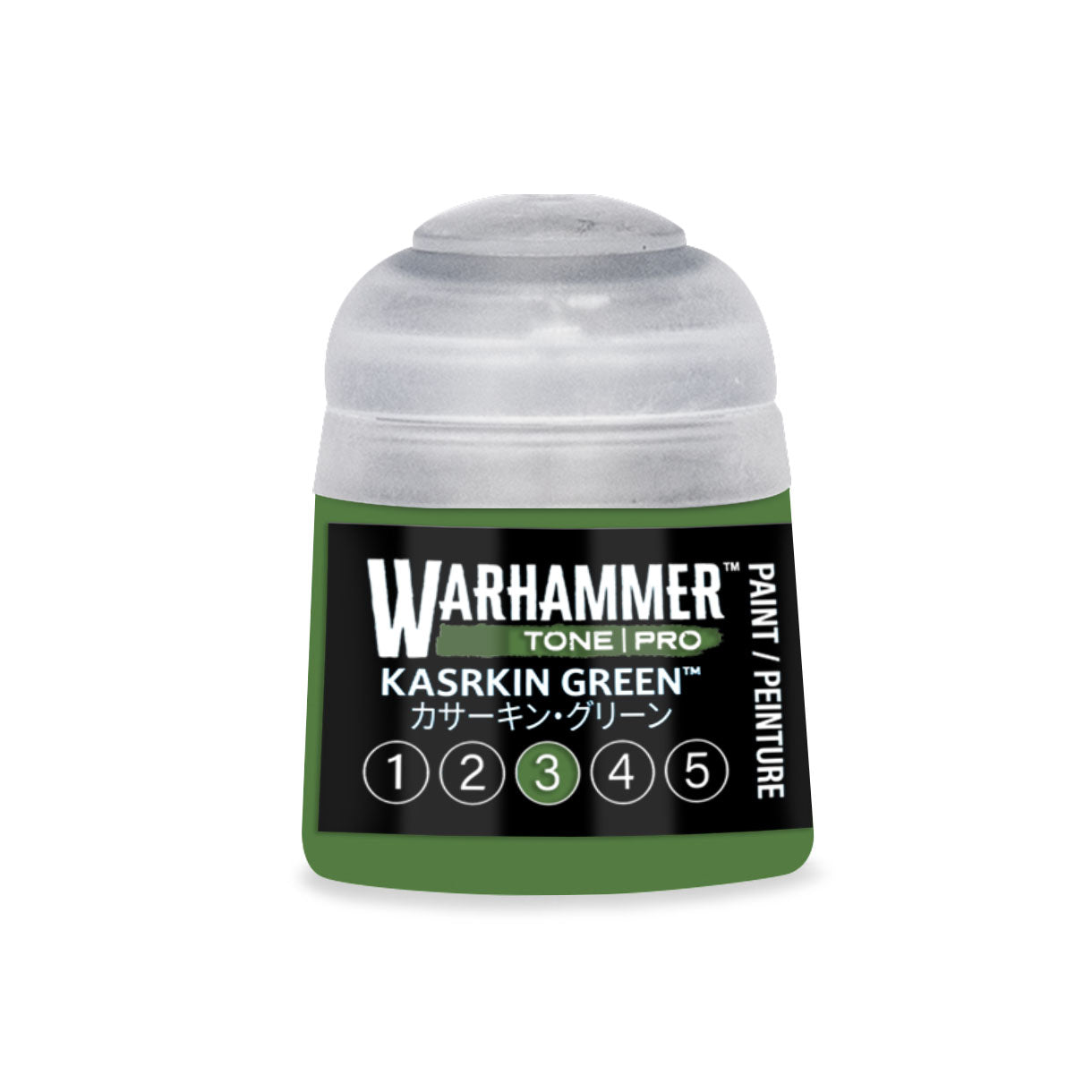 A small cylindrical bottle of Warhammer Tone Pro Kasrkin Green paint 12ml for miniature and model painting