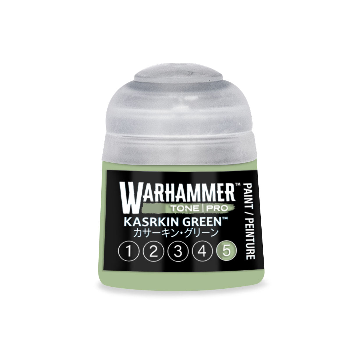 A small translucent plastic bottle of Warhammer Tone Pro paint in Kasrkin Green 12ml for miniature painting