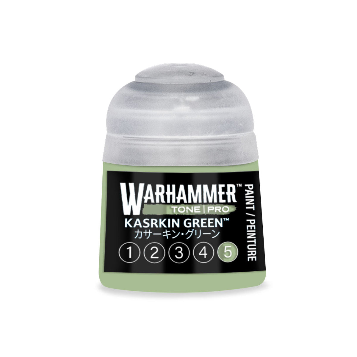 A small translucent plastic bottle of Warhammer Tone Pro paint in Kasrkin Green 12ml for miniature painting