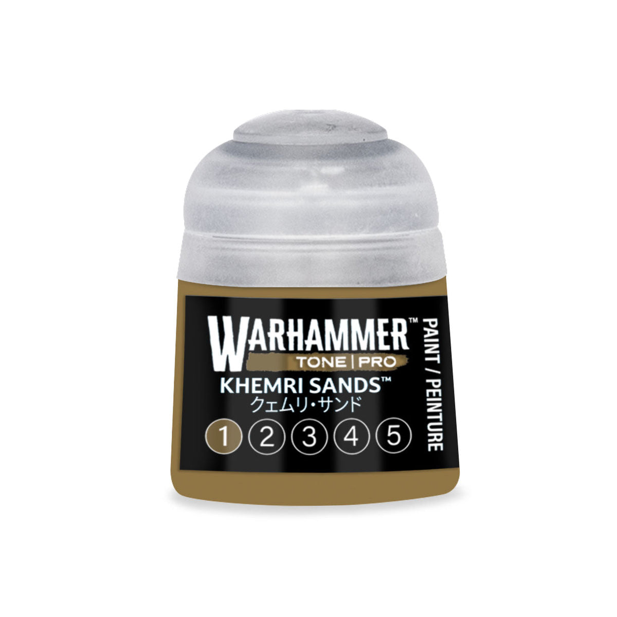 A small translucent plastic bottle of warhammer tone pro paint in the color khemri sands 12ml