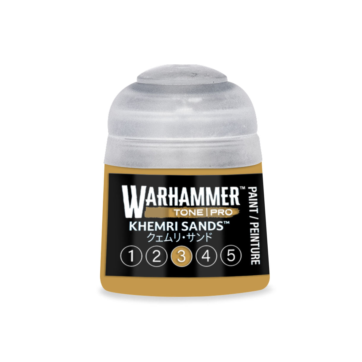 A small cylindrical bottle of Warhammer Tone Pro paint in the color Khemri Sand 12ml for miniature painting