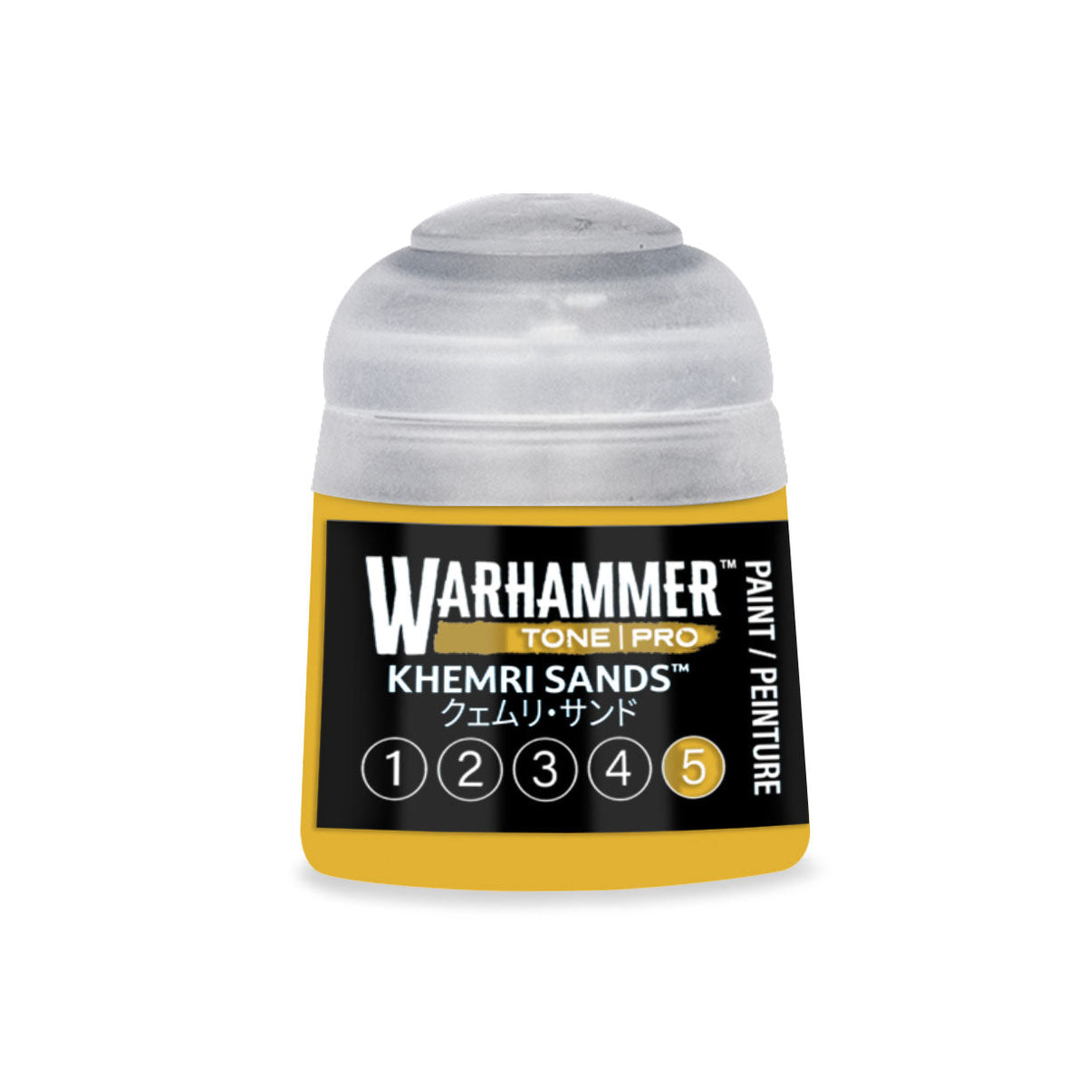 A small cylindrical bottle of Warhammer Tone Pro paint in the color Khemri Sand 12ml for miniature painting
