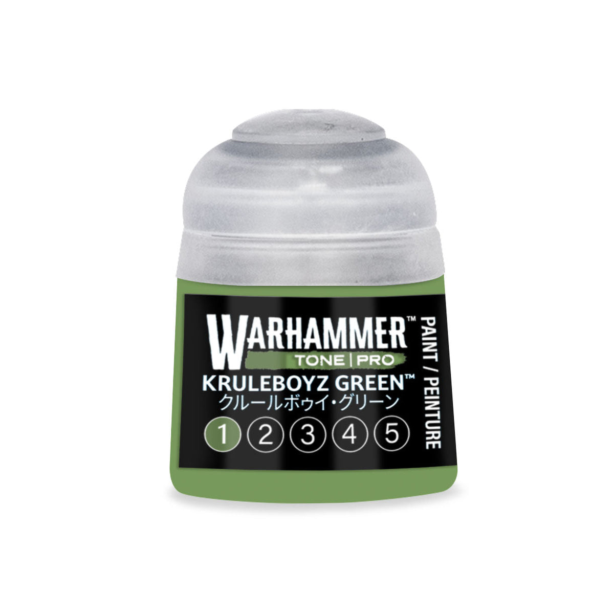 A small translucent plastic bottle of warhammer tone pro kruleboyz green paint with clear cap and green label
