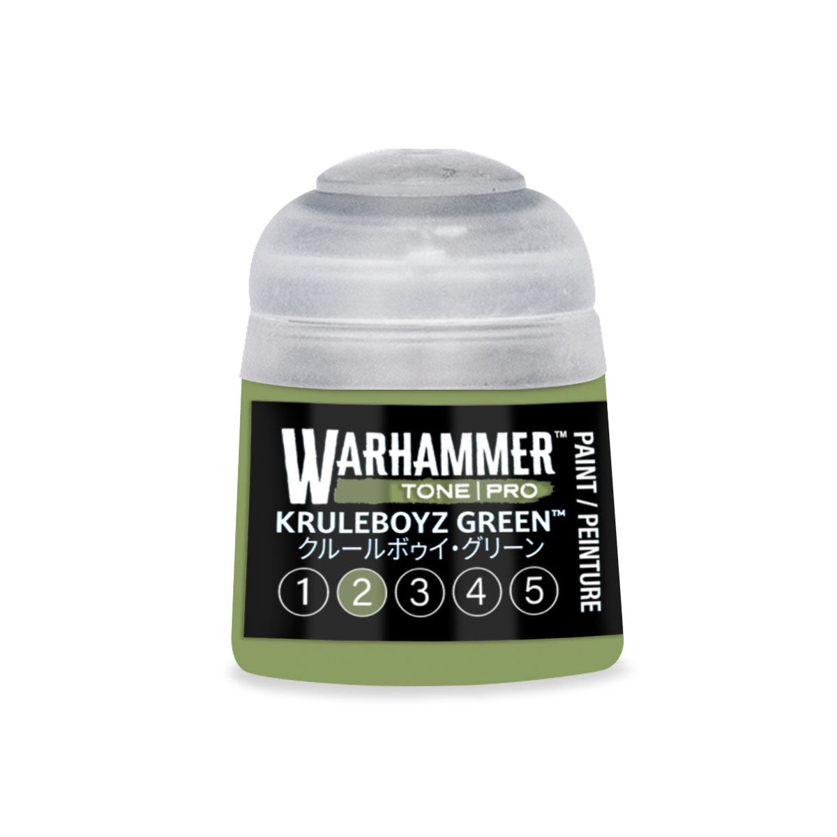 Warhammer tone pro kruleboyz green paint bottle with translucent cap and olive green body for miniature painting