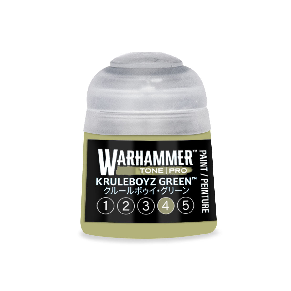 A small translucent plastic bottle of Warhammer Tone Pro paint in Kruleboyz green 12ml