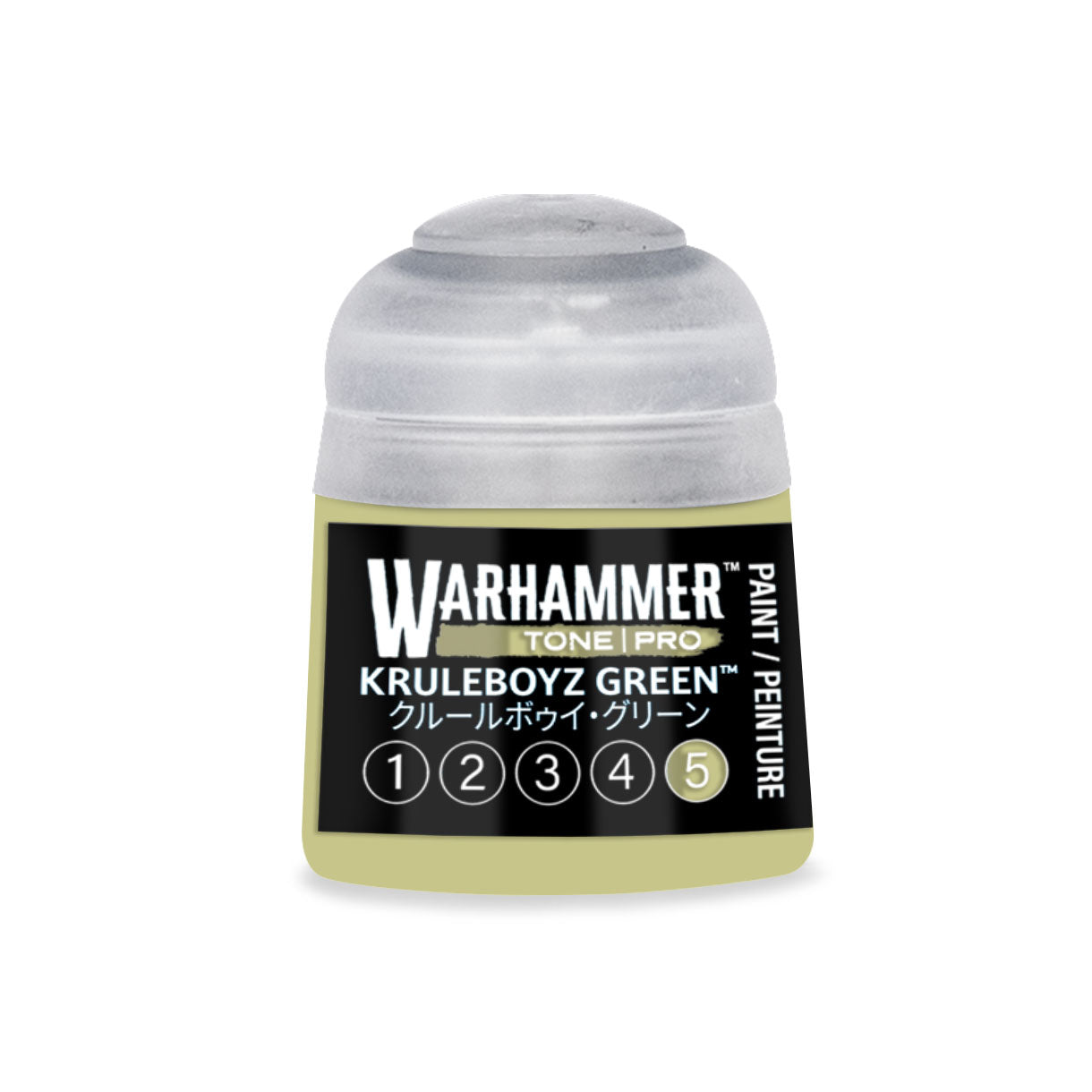 A small translucent plastic bottle of Warhammer Tone Pro paint in Kruleboyz green 12ml for miniature painting