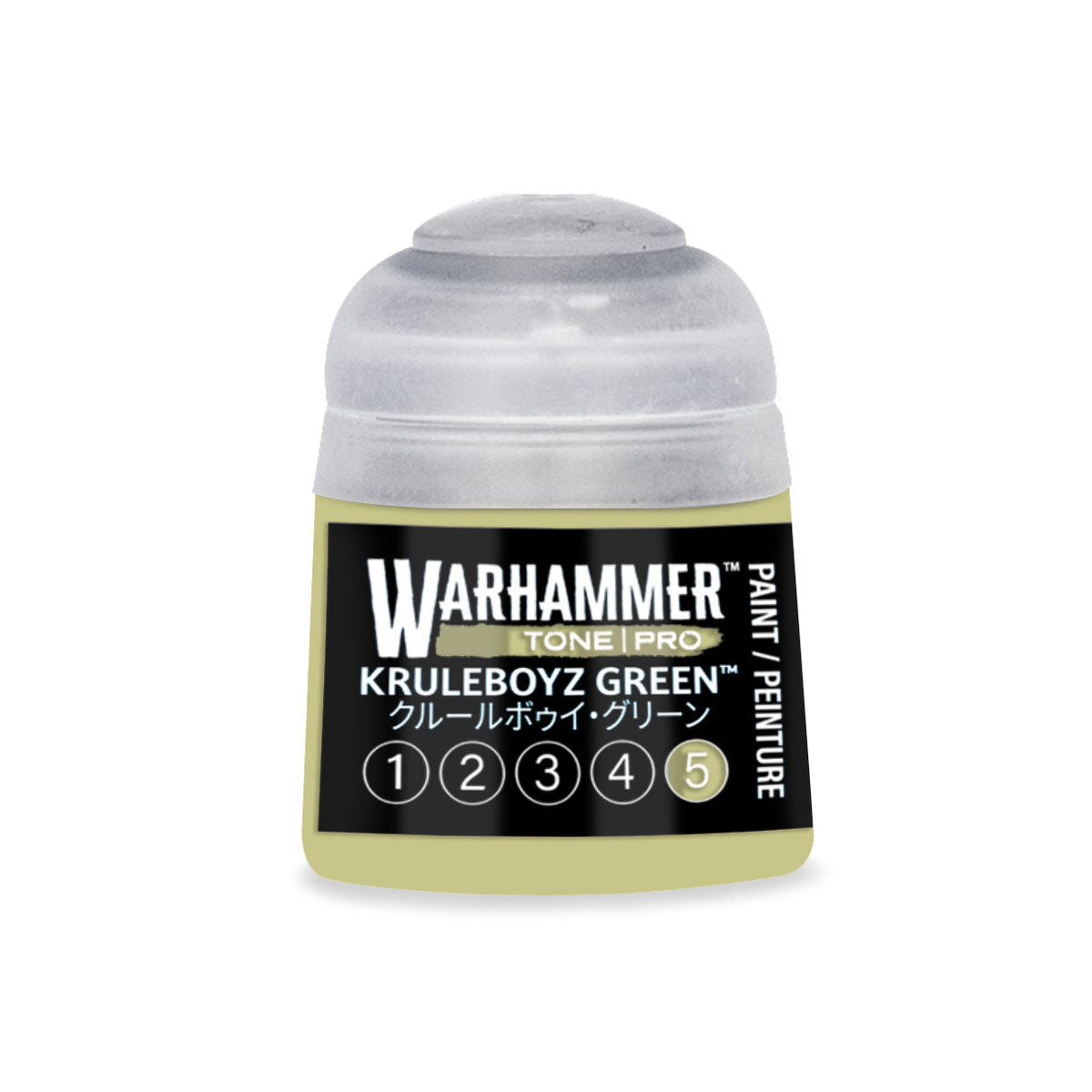 A small translucent plastic bottle of Warhammer Tone Pro paint in Kruleboyz green 12ml for miniature painting