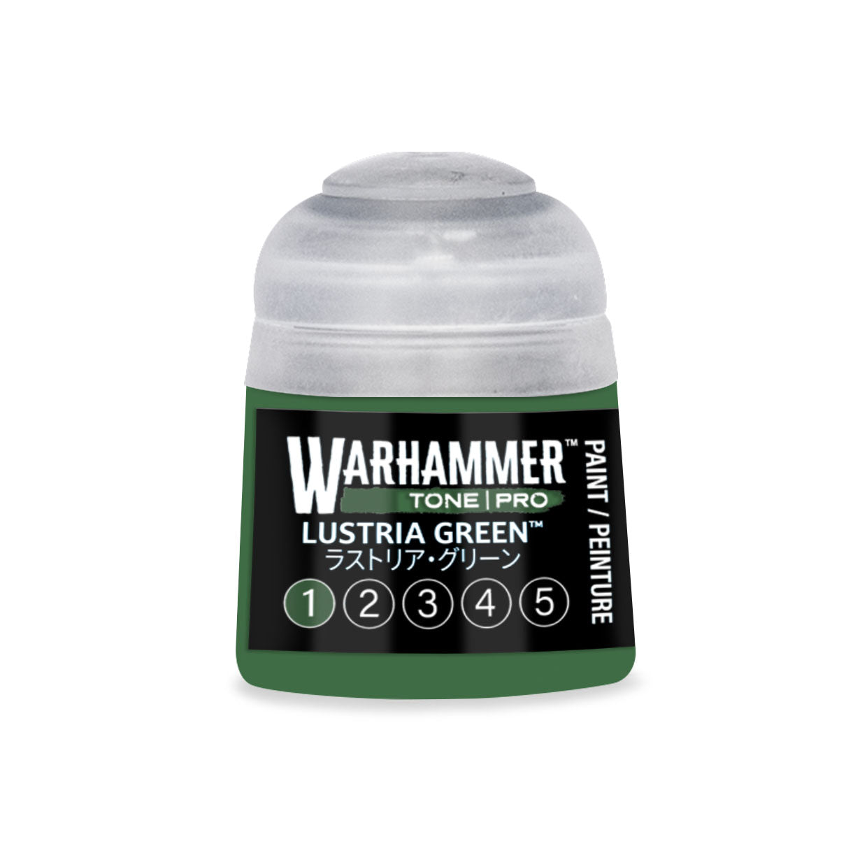 A small cylindrical bottle of Warhammer Tone Pro paint in lustria green with a clear plastic cap and black label