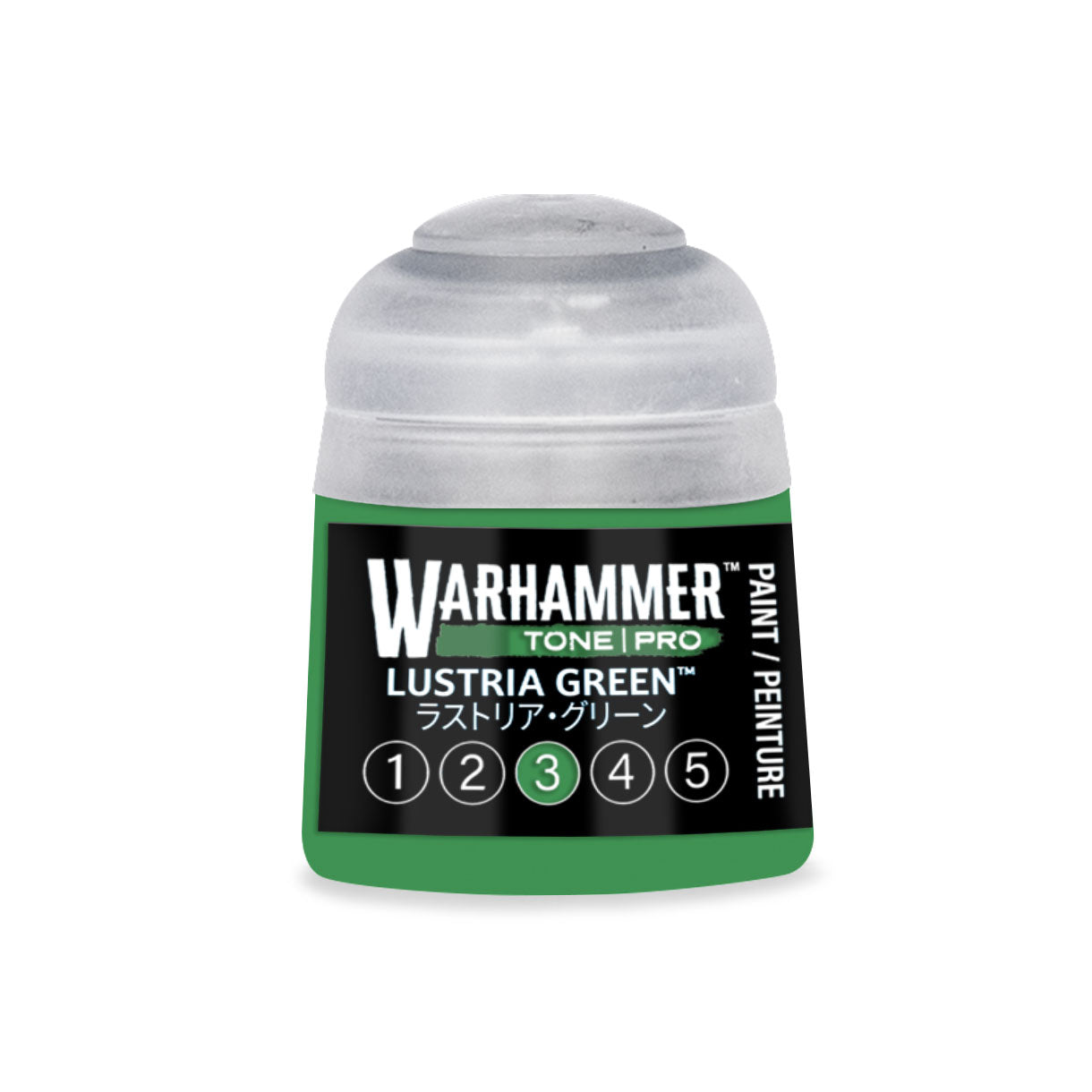 A small translucent plastic bottle of Warhammer Tone Pro 12ml paint in lustria green for miniature painting
