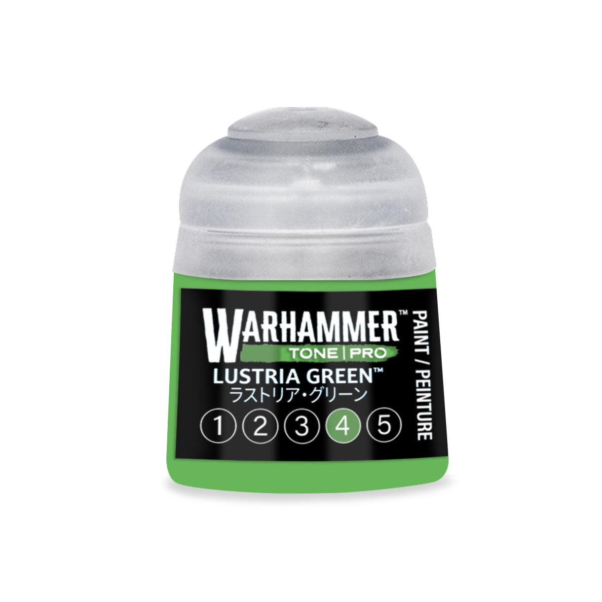 A small cylindrical bottle of warhammer tone pro paint in lustria green with a clear cap and green label with black text