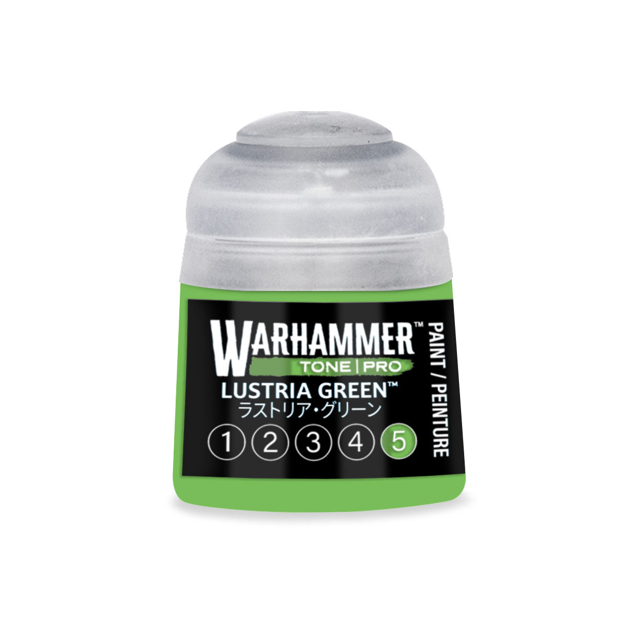 A small cylindrical bottle of Warhammer Tone Pro paint in lustria green with a clear plastic cap and vibrant green label