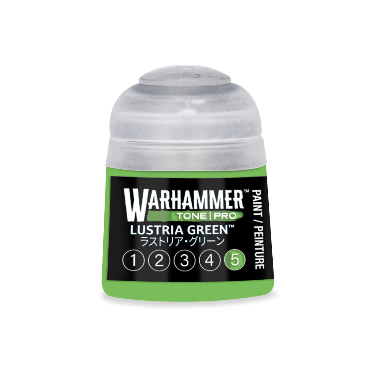 A small cylindrical bottle of Warhammer Tone Pro paint in lustria green with a clear plastic cap and vibrant green label