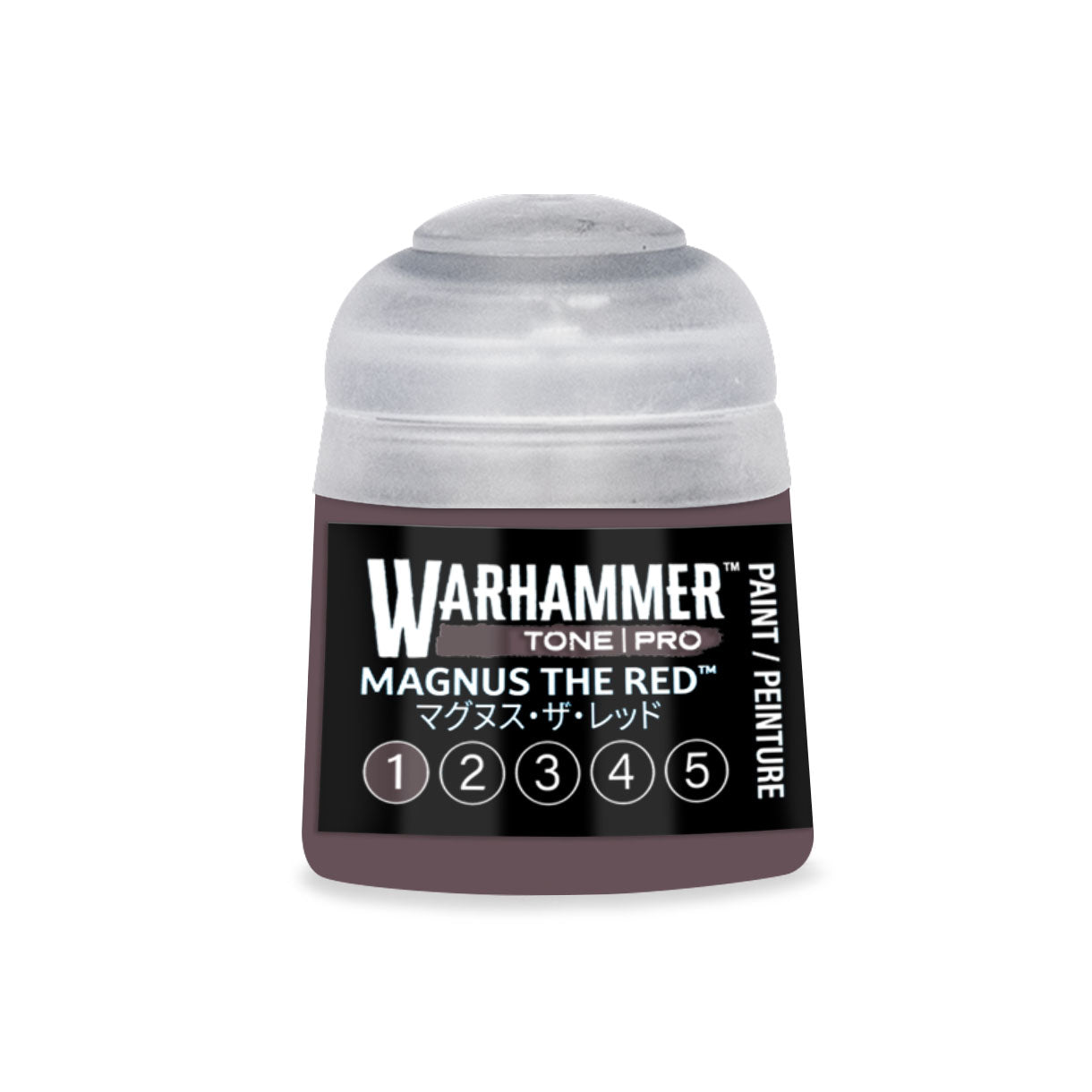 A small cylindrical bottle of Warhammer Tone Pro paint in the shade Magnus the Red for miniature detailing