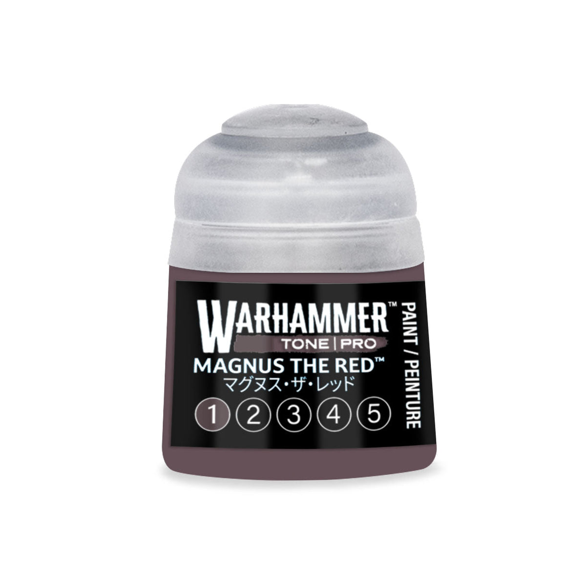 A small cylindrical bottle of Warhammer Tone Pro paint in the shade Magnus the Red for miniature detailing