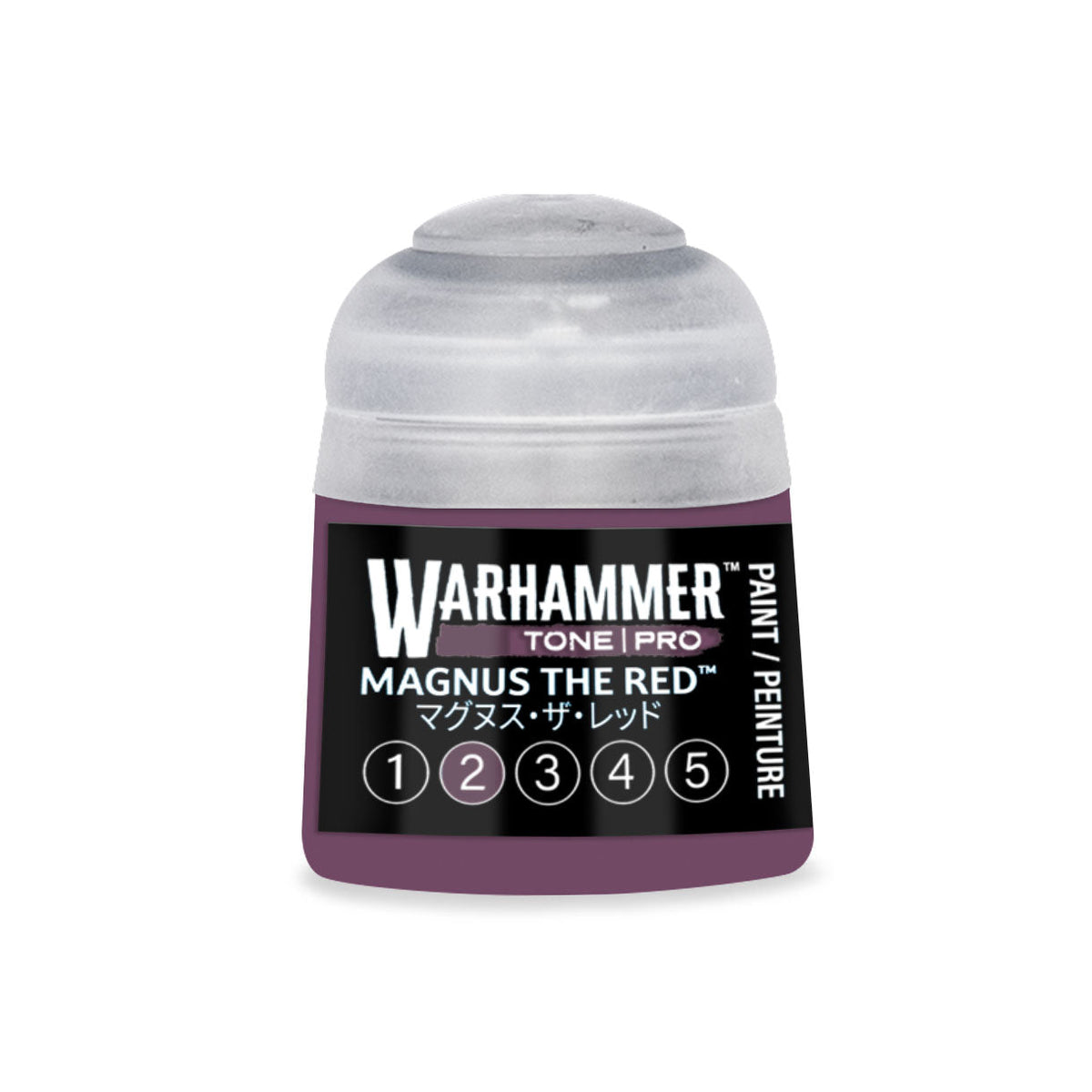 A small cylindrical bottle of Warhammer Tone Pro paint in the shade Magnus The Red 12ml for miniature painting