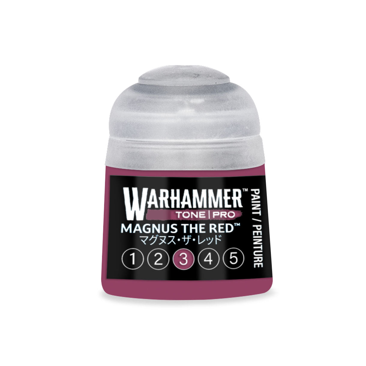 A small cylindrical bottle of Warhammer Tone Pro paint in the shade Magnus the Red for miniature painting