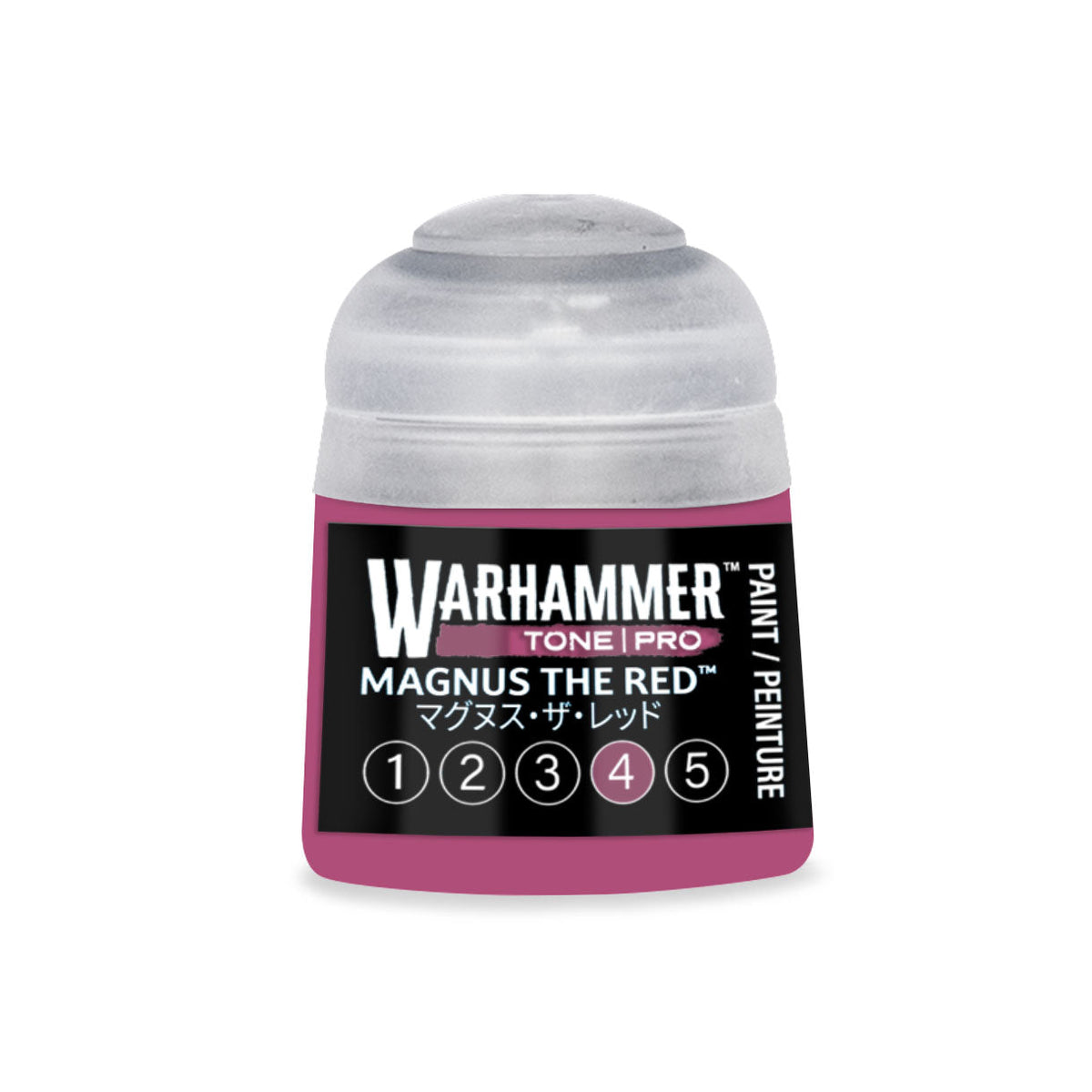 A vibrant magenta Warhammer Tone Pro paint bottle with clear plastic cap and black label for Magnus the Red 12ml