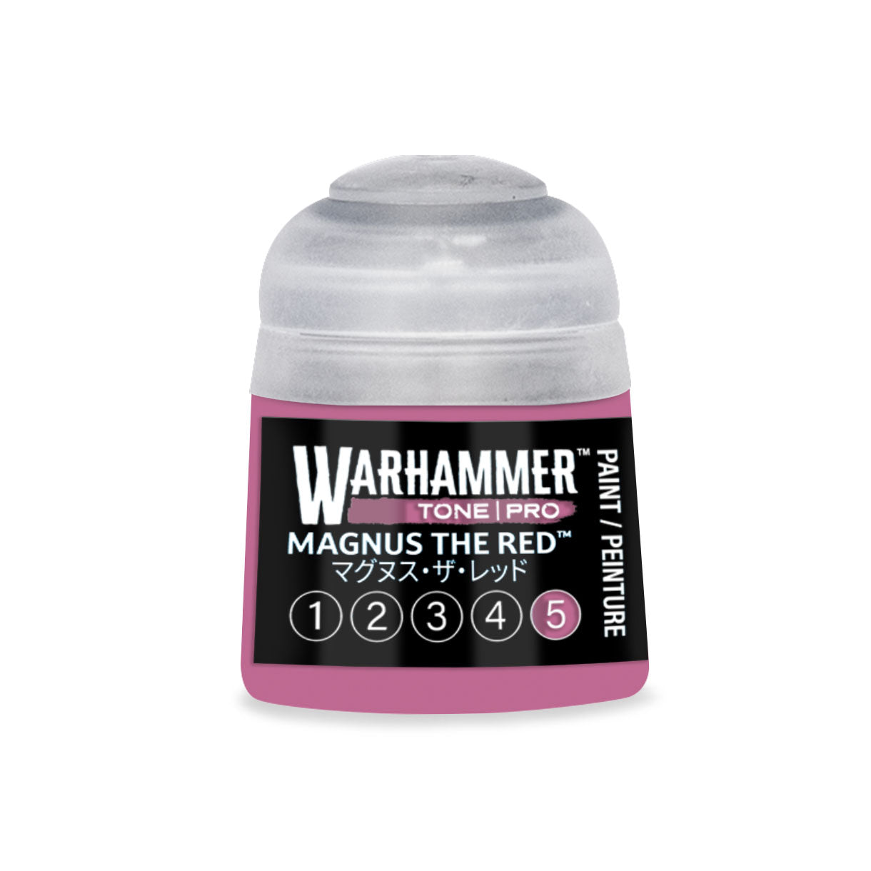 A pink Warhammer Tone Pro paint bottle labeled Magnus the Red with a clear cap and black white text label