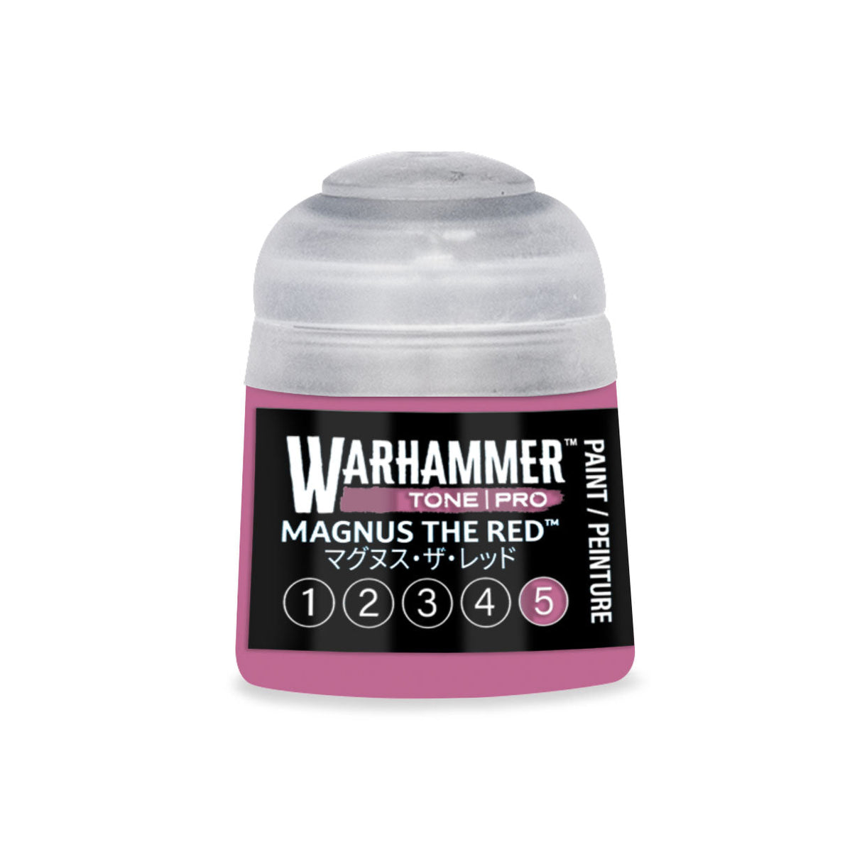 A pink Warhammer Tone Pro paint bottle labeled Magnus the Red with a clear cap and black white text label