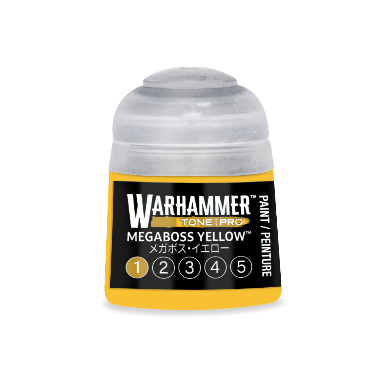 Warhammer tone pro megaboss yellow paint bottle with clear plastic cap and yellow label featuring black text 12ml