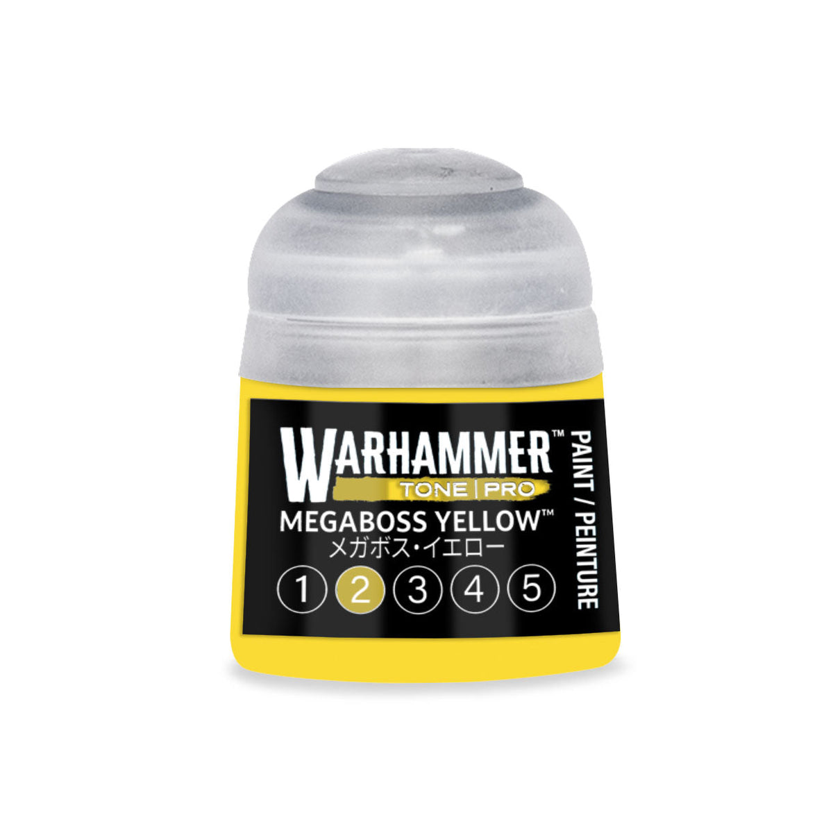 A vibrant yellow Warhammer Tone Pro Megaboss Yellow 12ml paint bottle with clear plastic cap and black label with white text