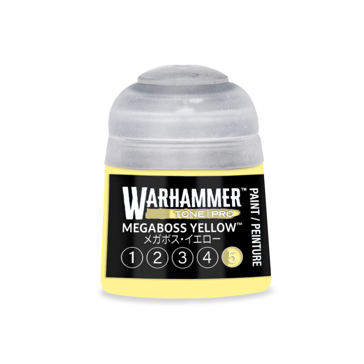 A vibrant yellow Warhammer Tone Pro Megaboss Yellow 12ml paint bottle with a clear plastic cap and black label