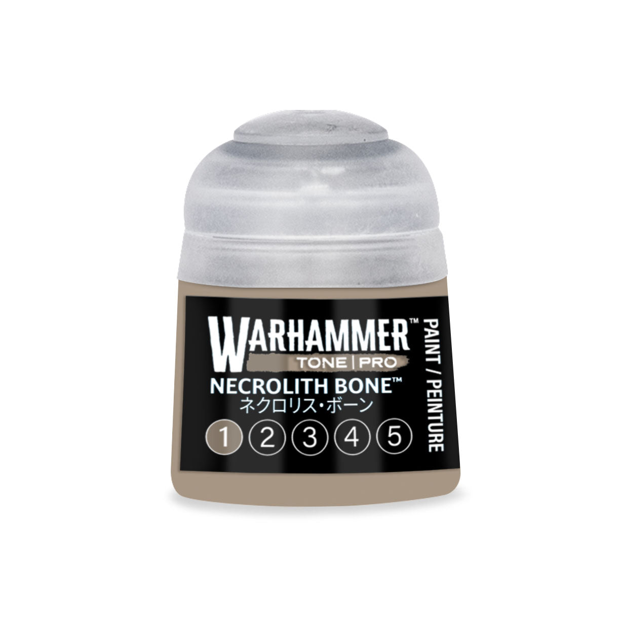 A small cylindrical bottle of Warhammer Tone Pro Necrolith Bone 12ml acrylic paint with a clear cap and black label
