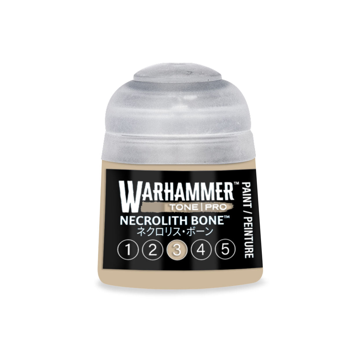 A small translucent plastic bottle of warhammer tone pro necrolith bone paint with a clear cap and black label