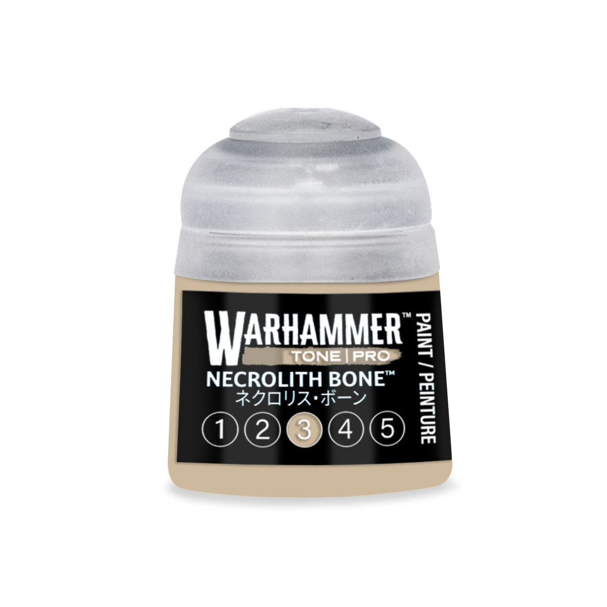 A small translucent plastic bottle of warhammer tone pro necrolith bone paint with a clear cap and black label