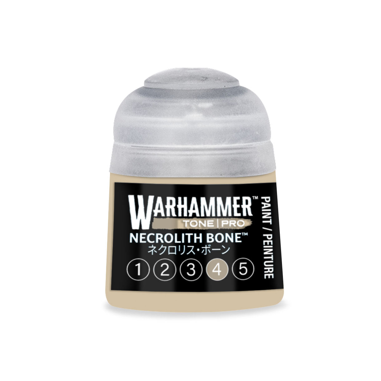 A small translucent plastic bottle of Warhammer Tone Pro Necrolith Bone paint with a clear cap and black label
