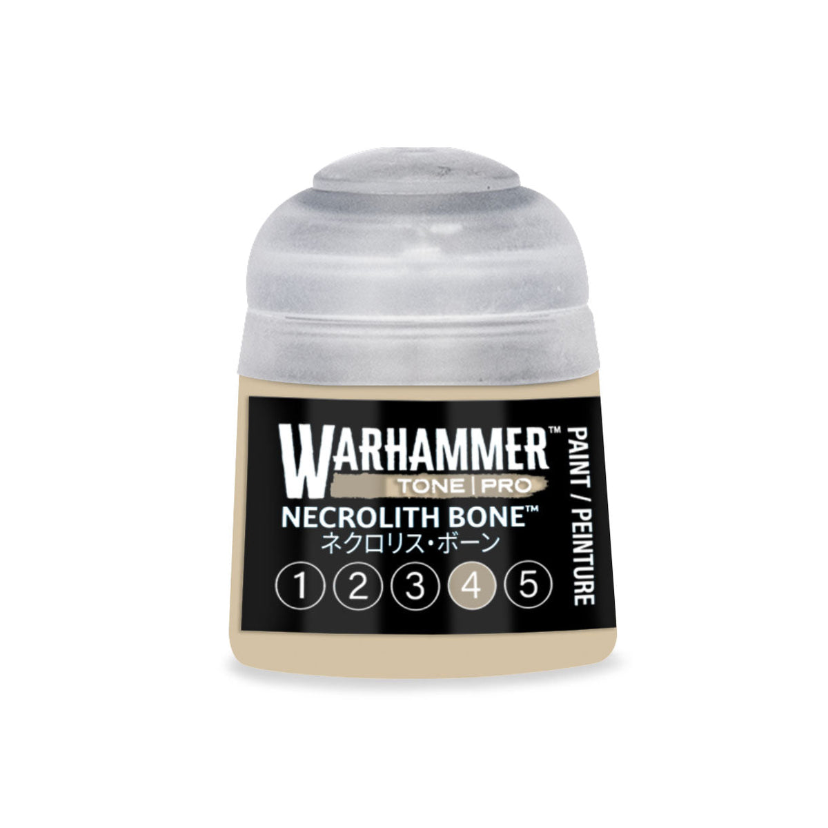 A small translucent plastic bottle of Warhammer Tone Pro Necrolith Bone paint with a clear cap and black label