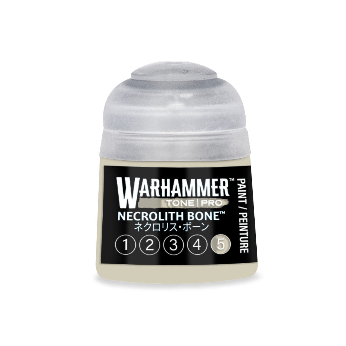 A small cylindrical bottle of Warhammer Tone Pro paint in the color Necrolith Bone 12ml for miniature painting