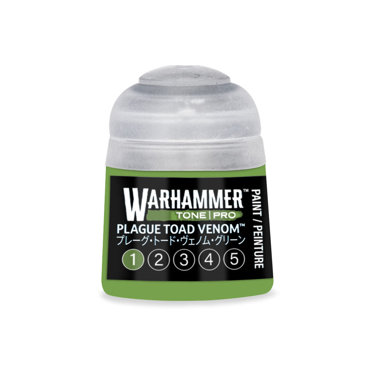 A small cylindrical bottle of warhammer tone pro paint in the color plague toad venom for miniature detailing