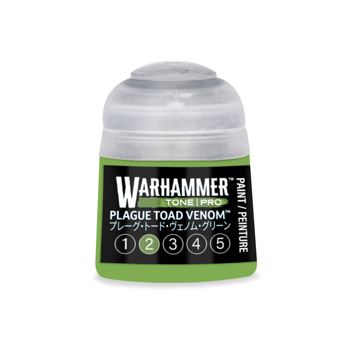 A small cylindrical bottle of warhammer tone pro paint in plague toad venom shade for miniature detailing 12ml