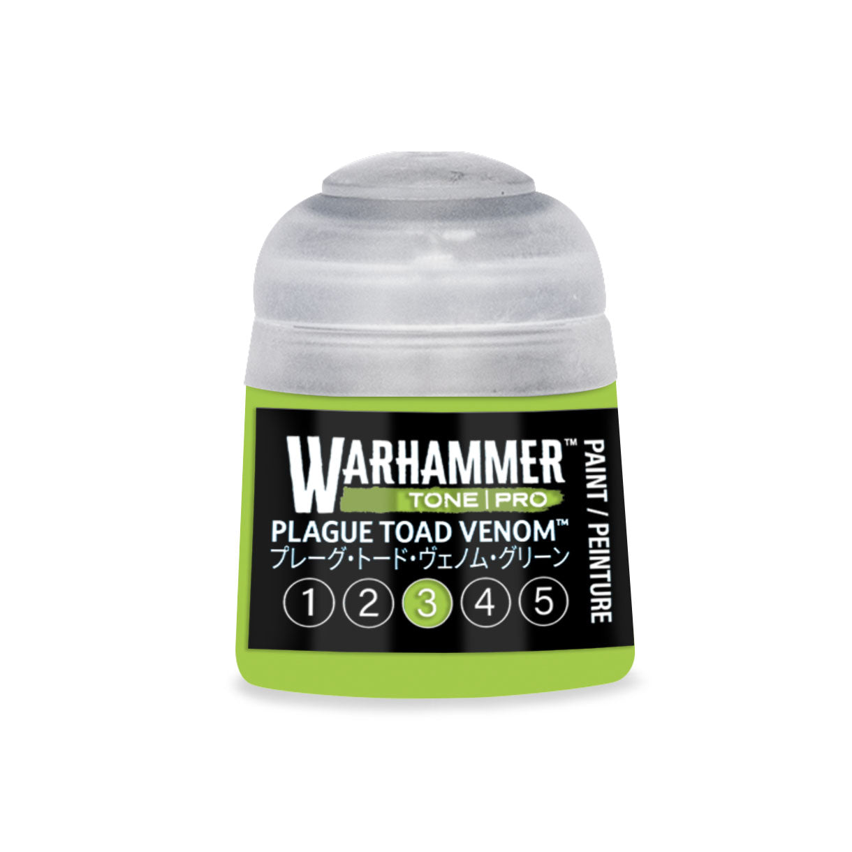 A small translucent plastic bottle of warhammer tone pro plaguetoad venom paint in bright lime green and black label