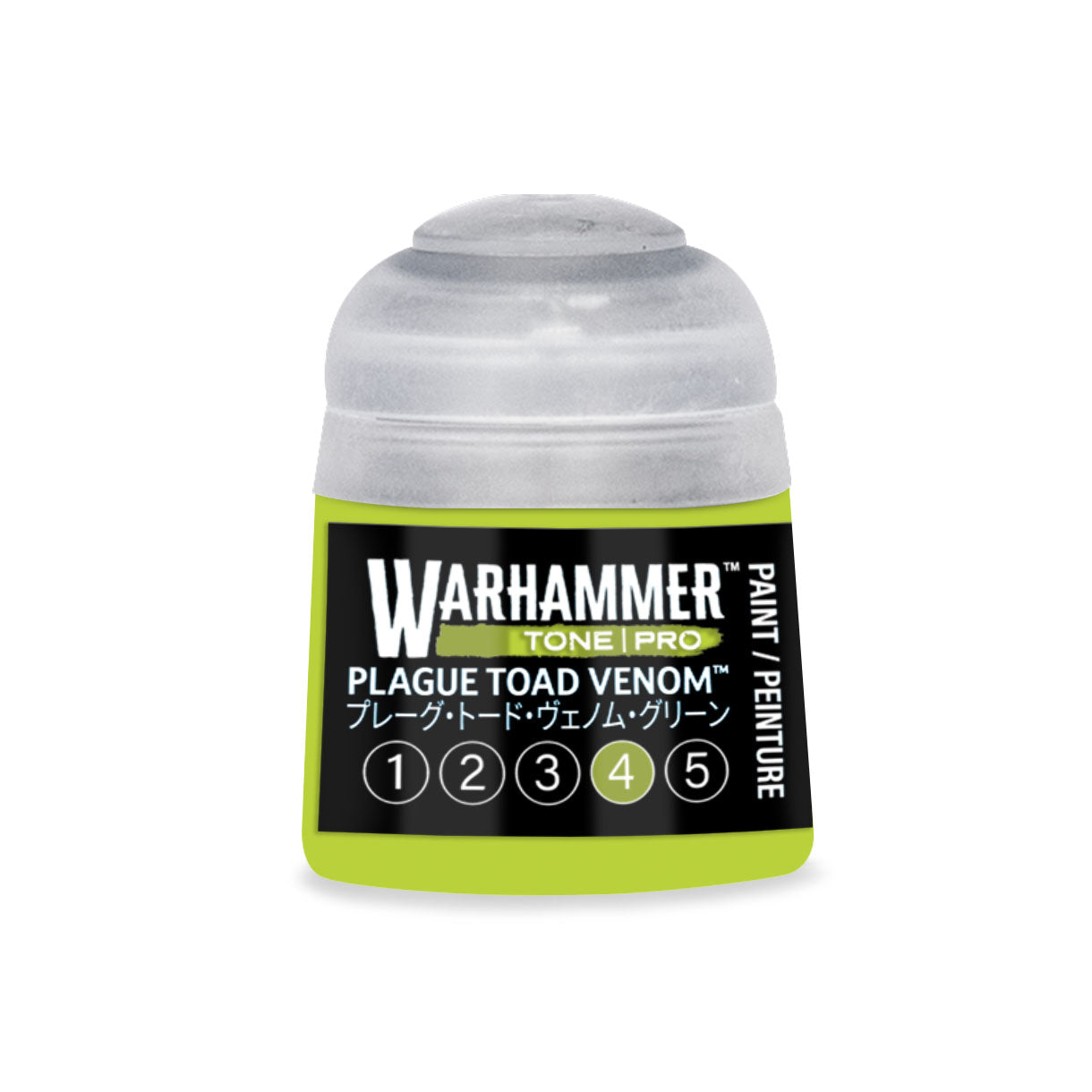 A small translucent plastic bottle of Warhammer Tone Pro Plaguetoad Venom paint with lime green label and black text