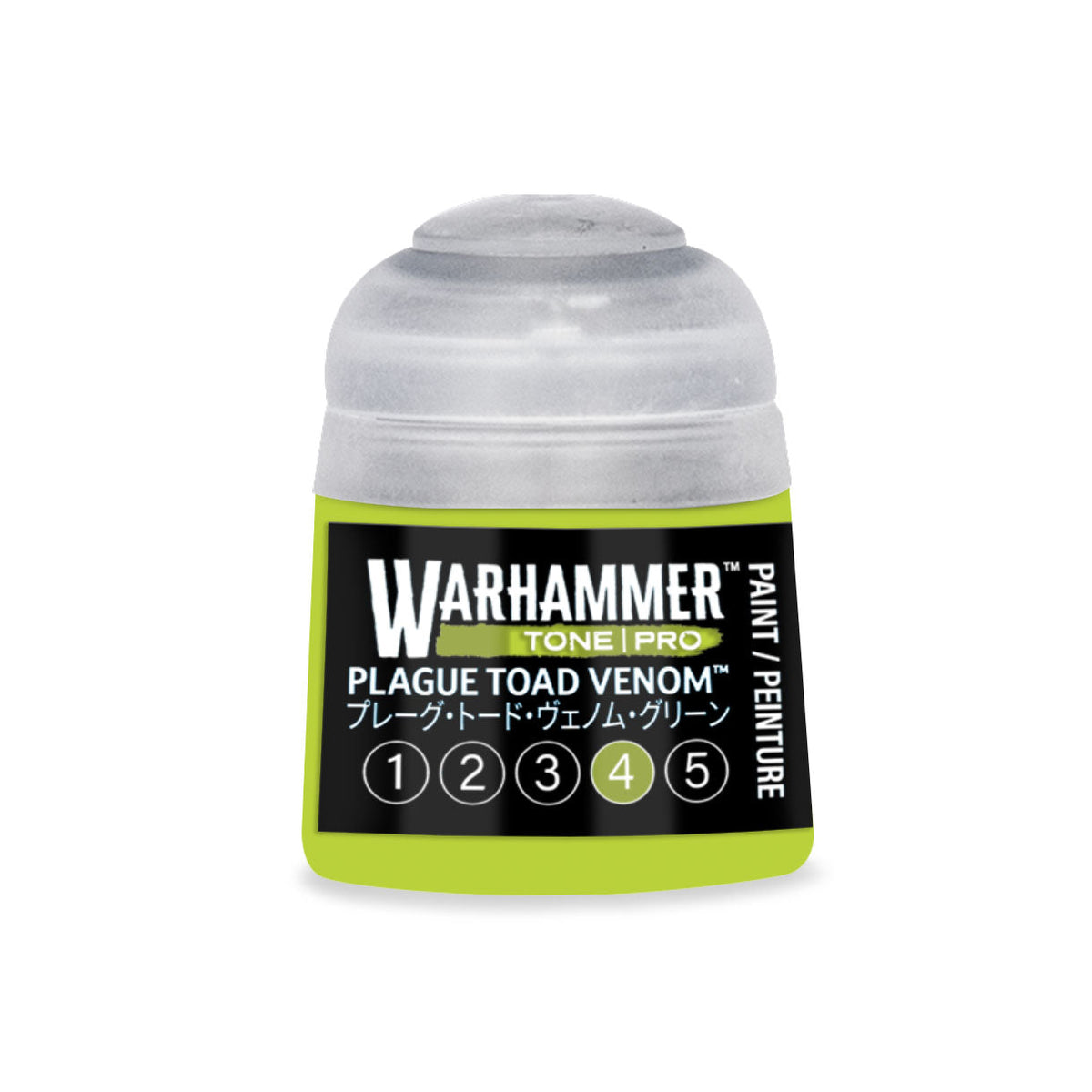 A small translucent plastic bottle of Warhammer Tone Pro Plaguetoad Venom paint with lime green label and black text