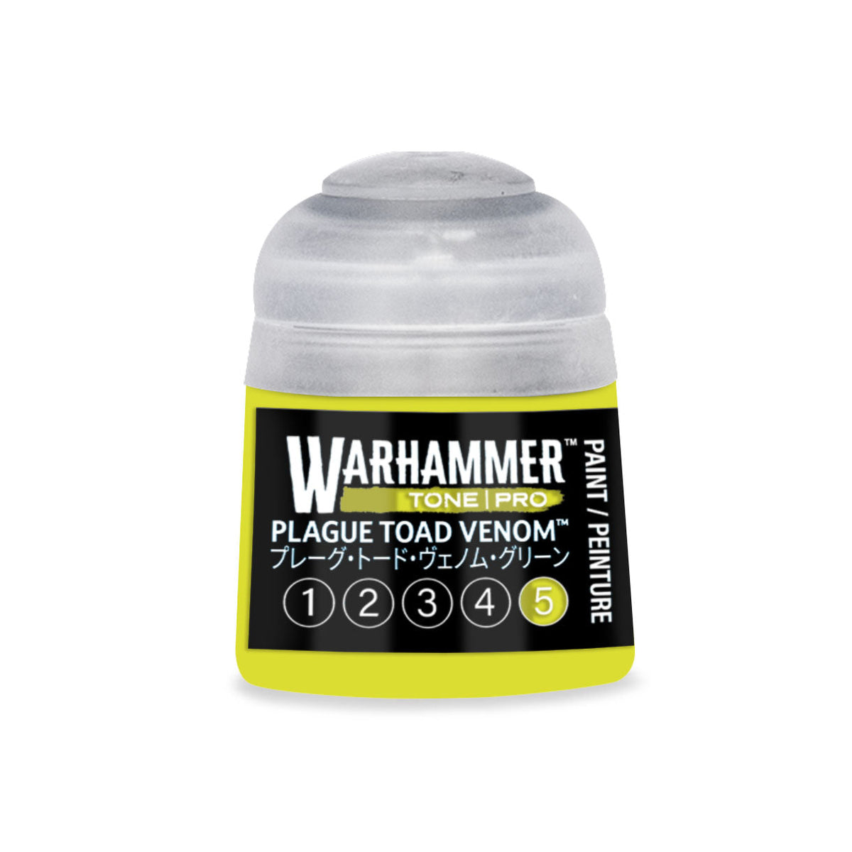 A vibrant yellow Warhammer Tone Pro paint bottle labeled plague toad venom with a clear plastic cap 12ml