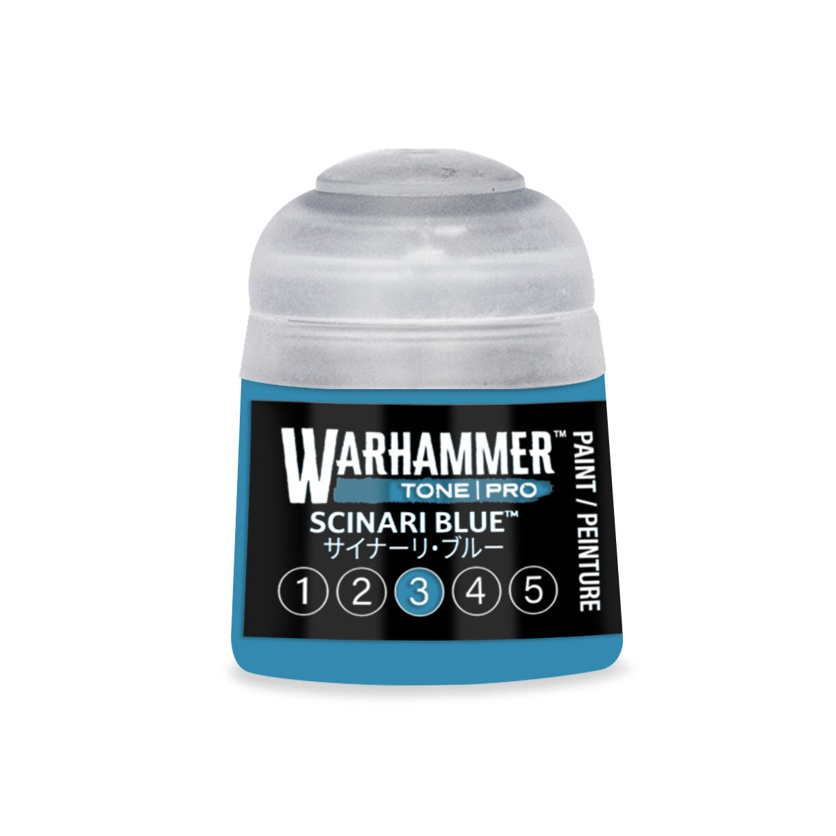 A small cylindrical bottle of warhammer tone pro paint in scinari blue 12ml for miniature painting