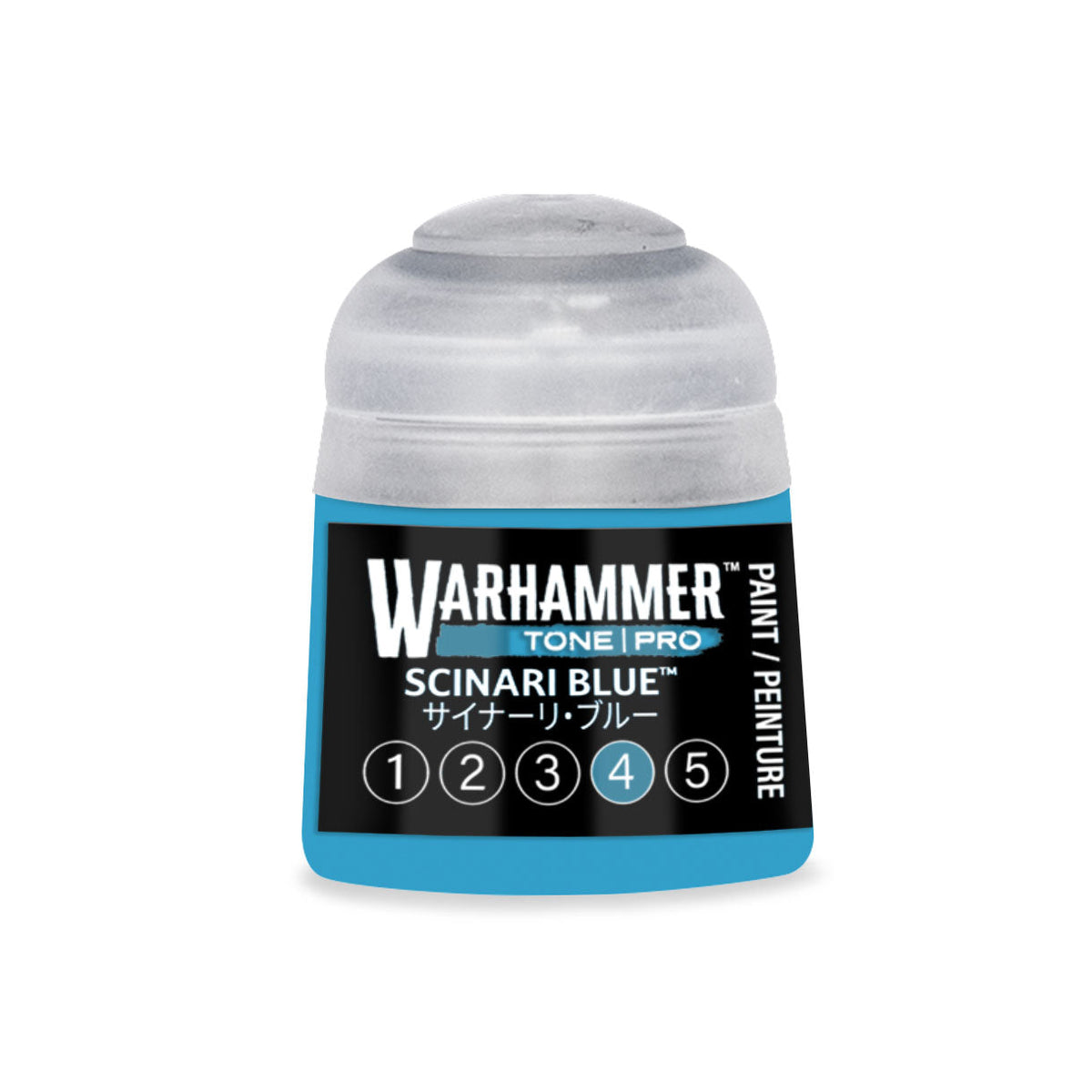 A small translucent plastic bottle of Warhammer Tone Pro paint in scinari blue color 12ml capacity