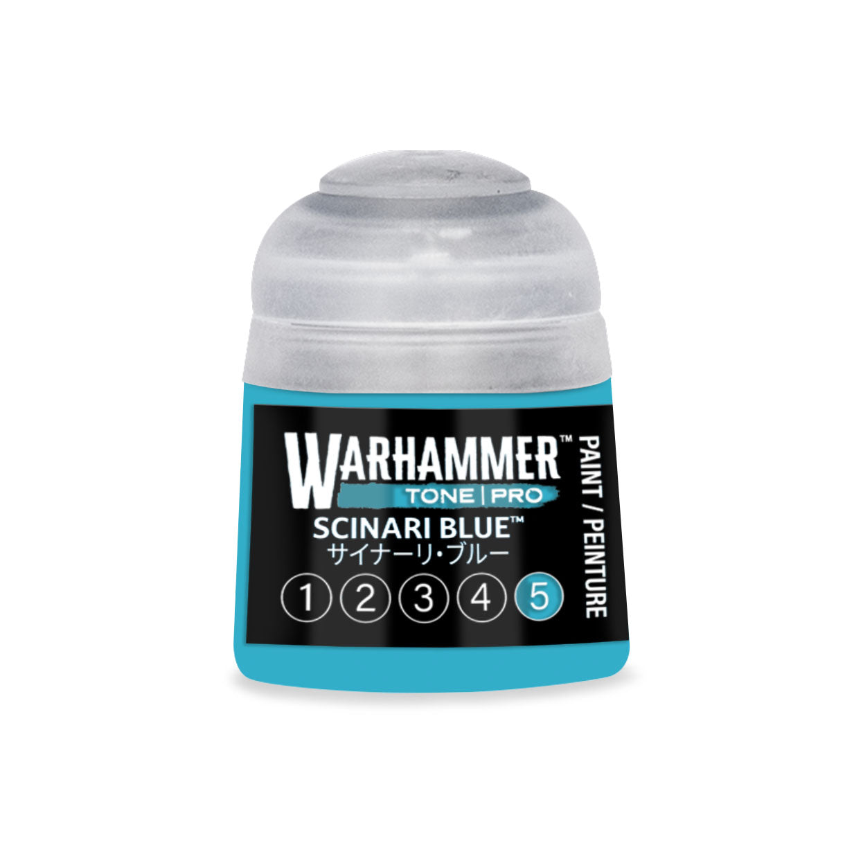 A small translucent plastic bottle of Warhammer Tone Pro paint in scinari blue color 12ml size
