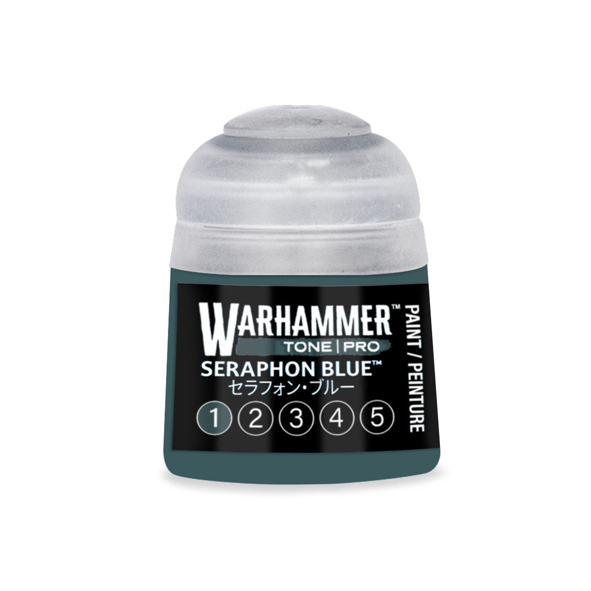 A small cylindrical bottle of Warhammer Tone Pro paint in Seraphon Blue 12ml for miniature painting