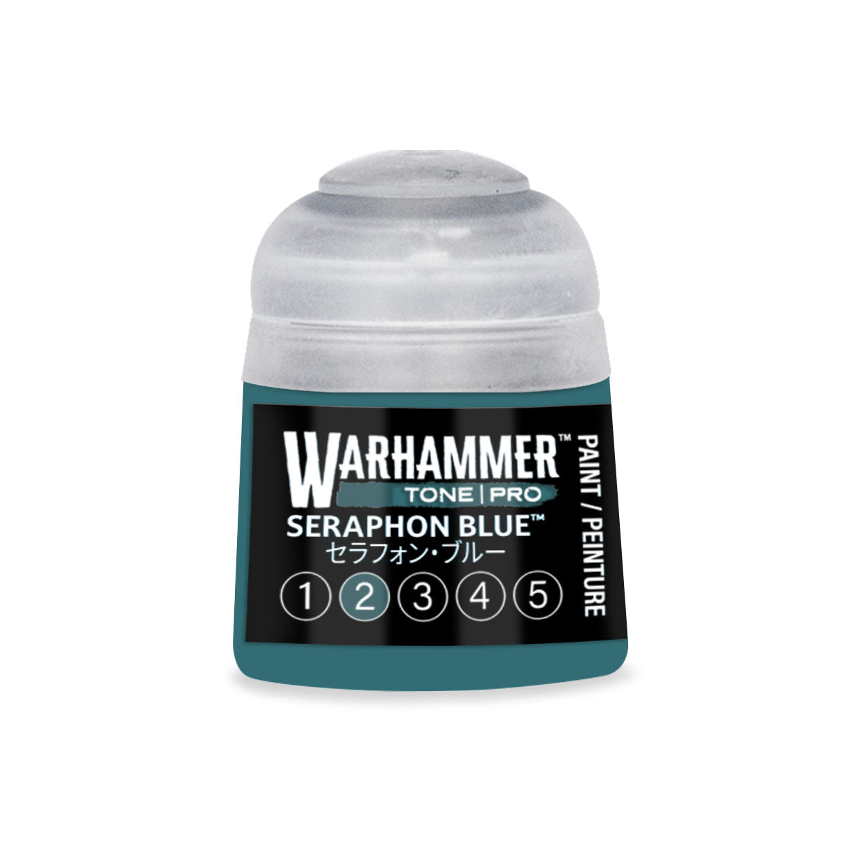 A small translucent plastic bottle of Warhammer Tone Pro paint in Seraphon blue for miniature painting