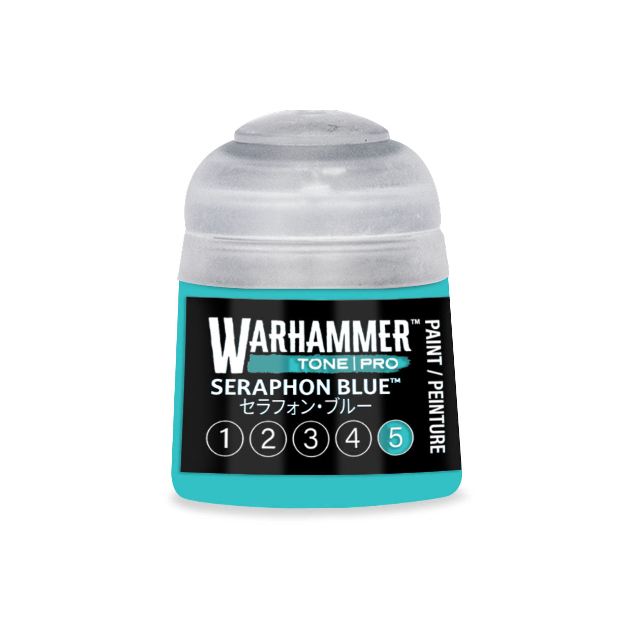 A small translucent plastic bottle of Warhammer Tone Pro paint in Seraphon Blue for miniature painting